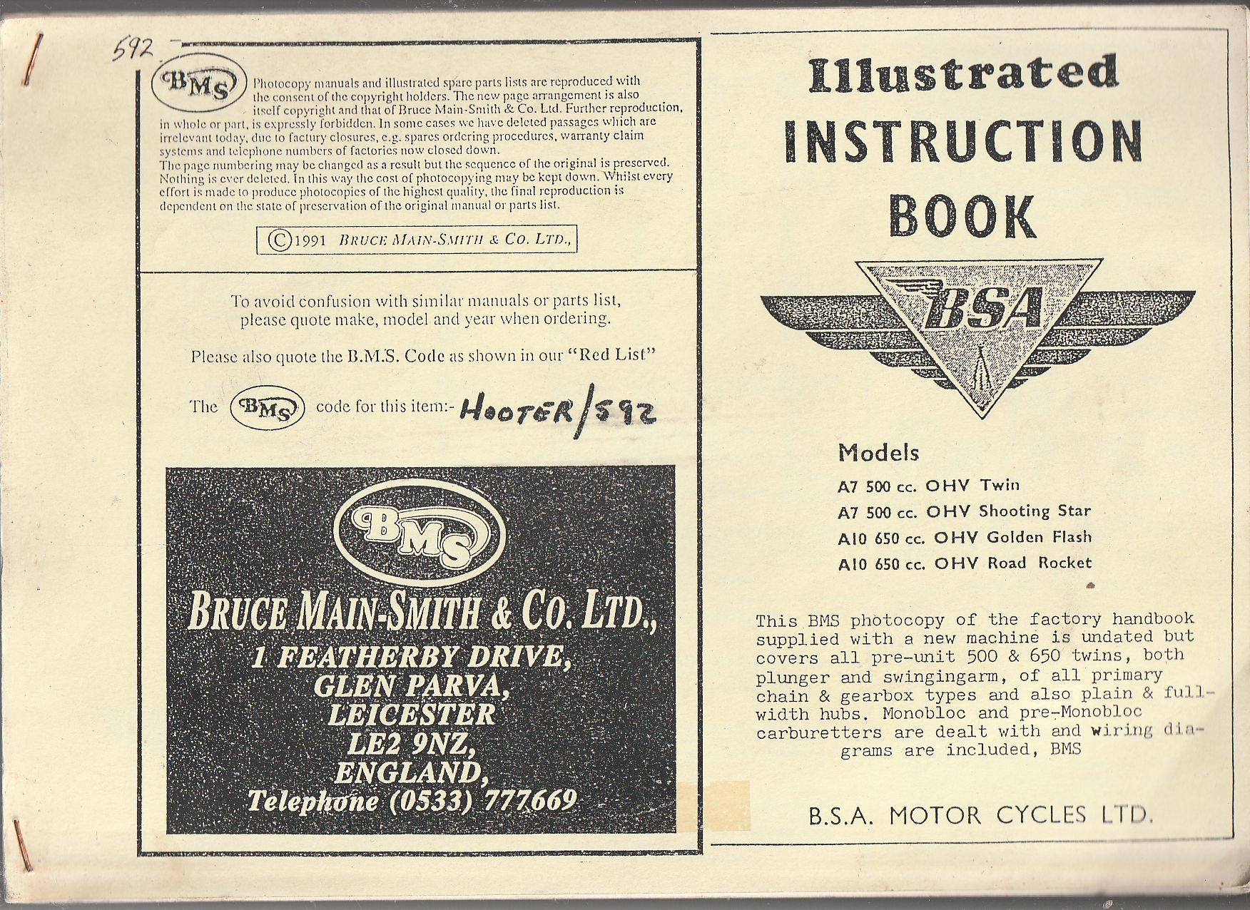 BSA 1954 TO 1958 Instruction Manual., BMS Photocopy (image for) BSA 1954 TO 1958 Instruction Manual., BMS Photocopy